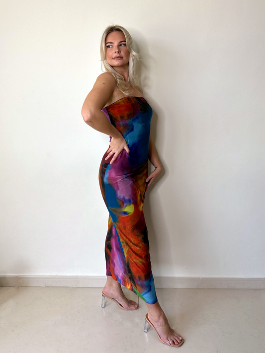 Multicolor Abstract Print Double Layered Bandeau Maxi Dress