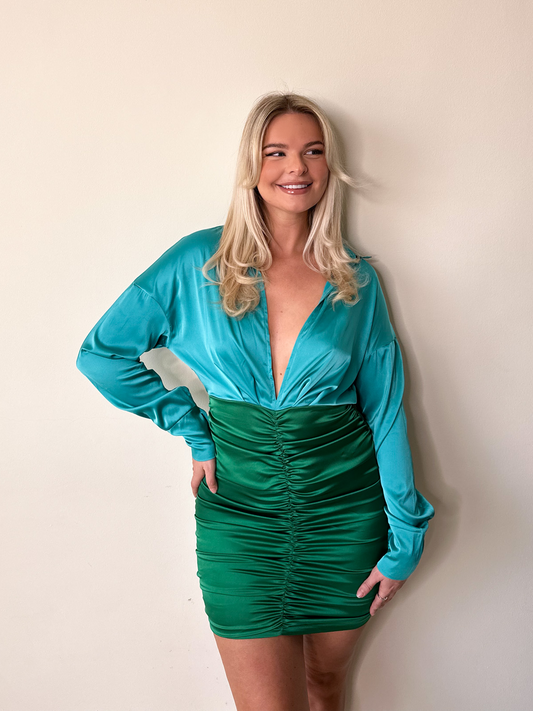 Blue & Green Contrast Long Sleeve Satin Ruched Mini Dress