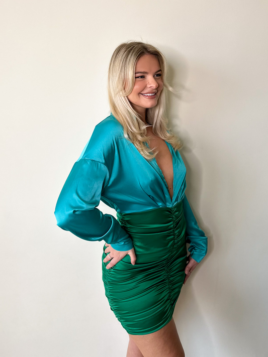 Blue & Green Contrast Long Sleeve Satin Ruched Mini Dress