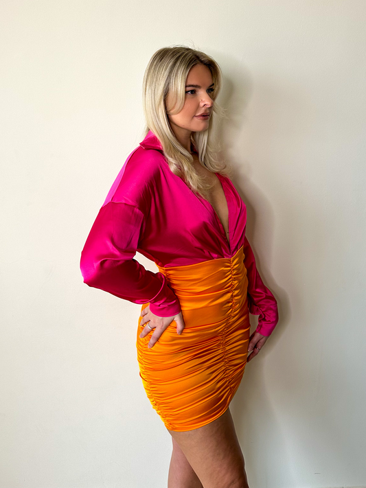 Hot Pink & Orange Contrast Long Sleeve Satin Ruched Mini Dress