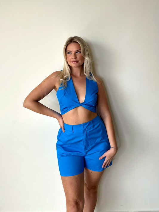 Cobalt Blue Twist Crop Top & Shorts Coord