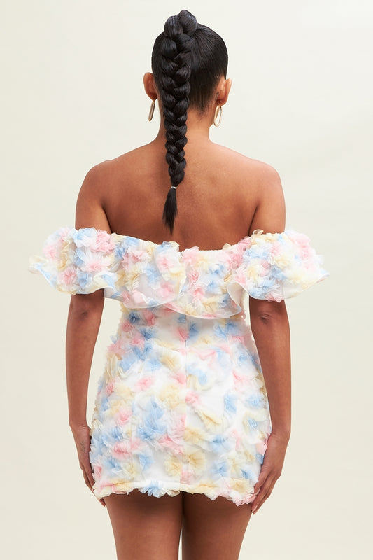 White Pink & Blue Ruffle Off The shoulder Structured Mini Dress