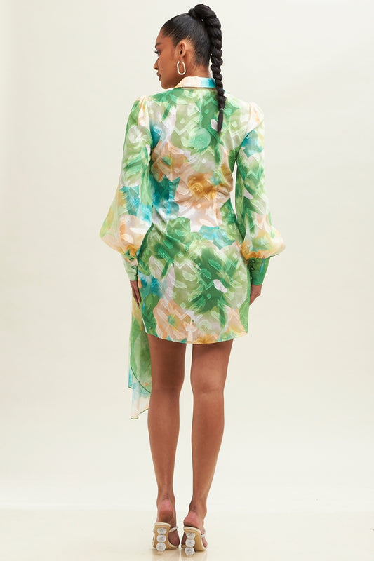 Green Abstract Wrap Front Chiffon Mini Dress