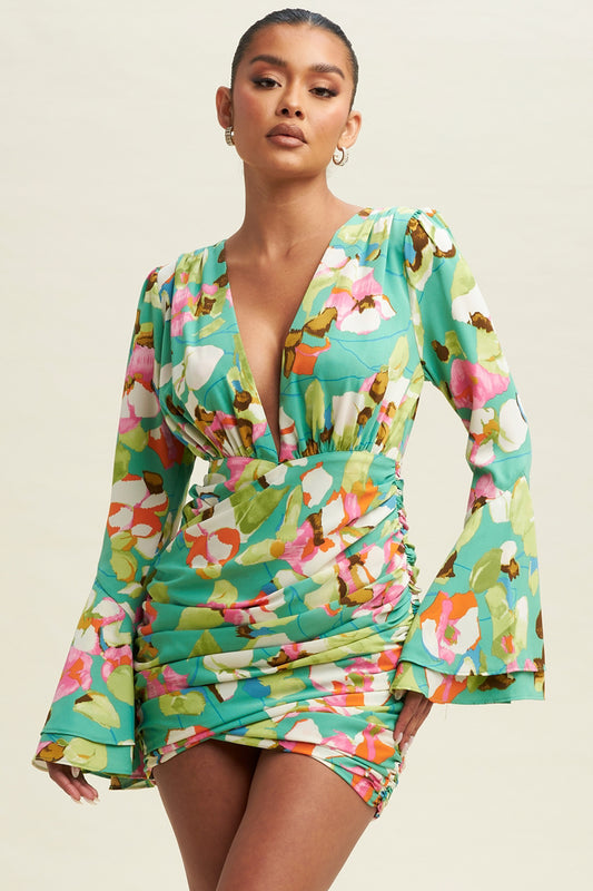 Green Floral Long Sleeve Triple Layered Plunge Ruched Mini Dress