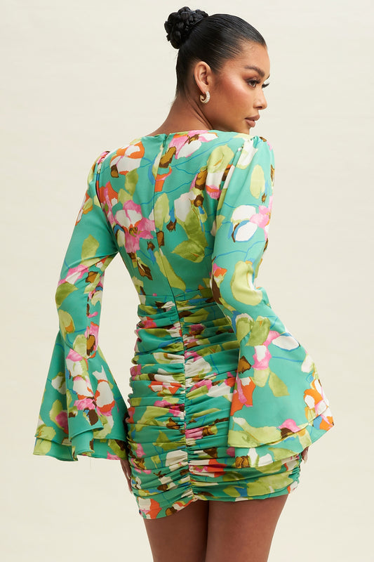 Green Floral Long Sleeve Triple Layered Plunge Ruched Mini Dress