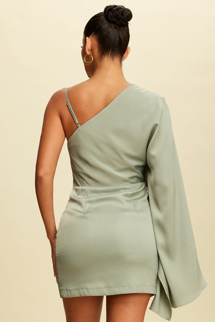 Sage Green Satin Cape Shoulder Mini Dress