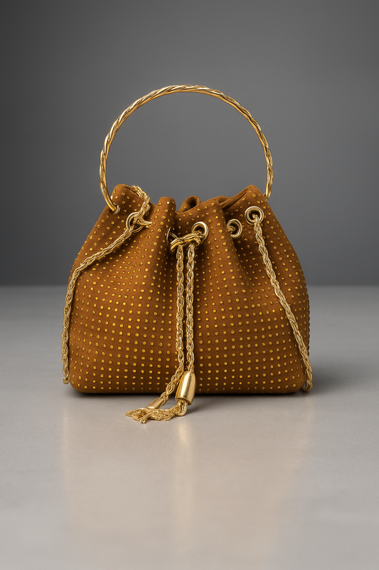 Luxury Gold Suede Rhinestone Pouch Bag
