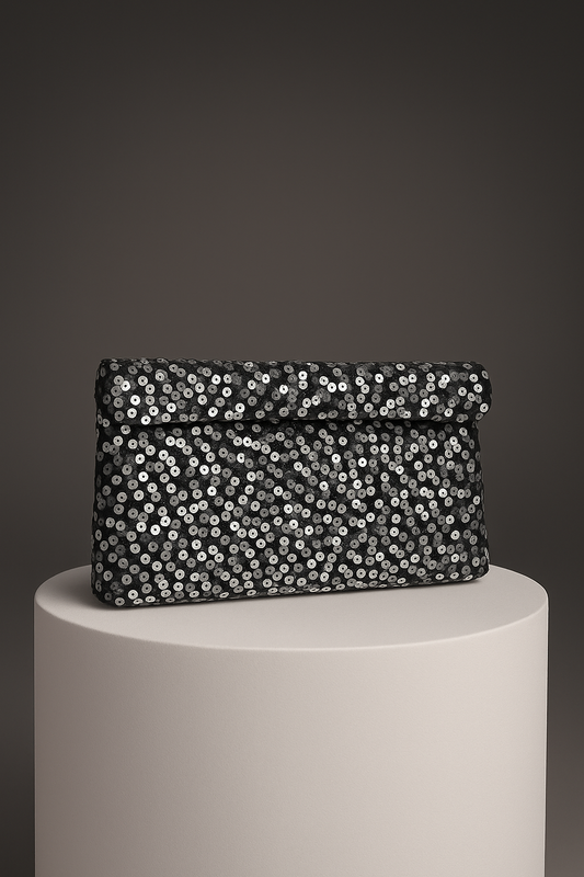 Silver Sequin Black Hand Clutch Bag