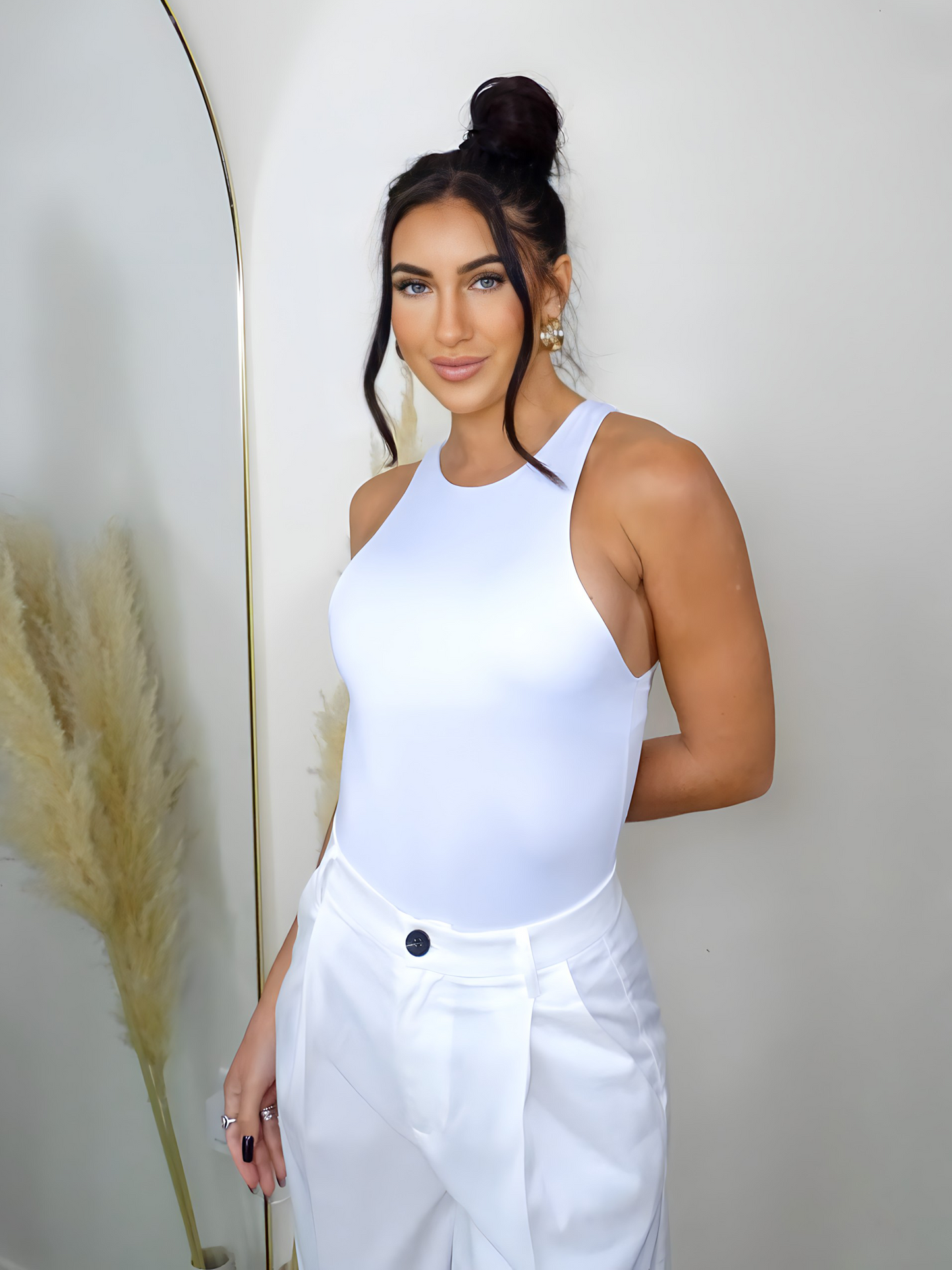 White Solid Crew Neck Tank Bodysuit