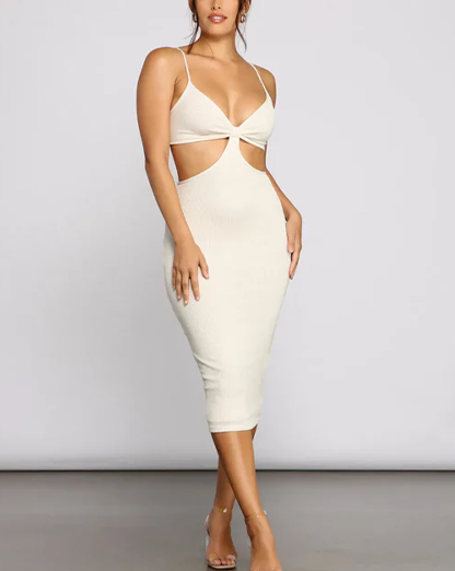Cream Front Knot Cutout Midi Dress