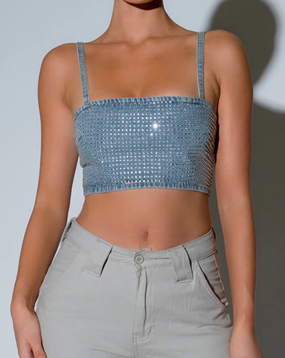 Rhinestone Embellished Denim Crop Top