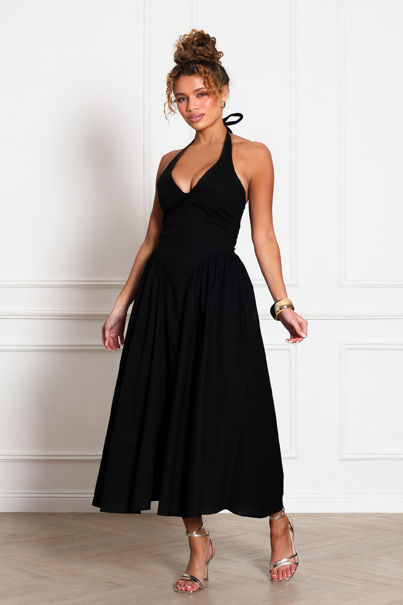 black midi skater dress Black boohoo Linen Ruched Drop Hem Midi Skater Dress