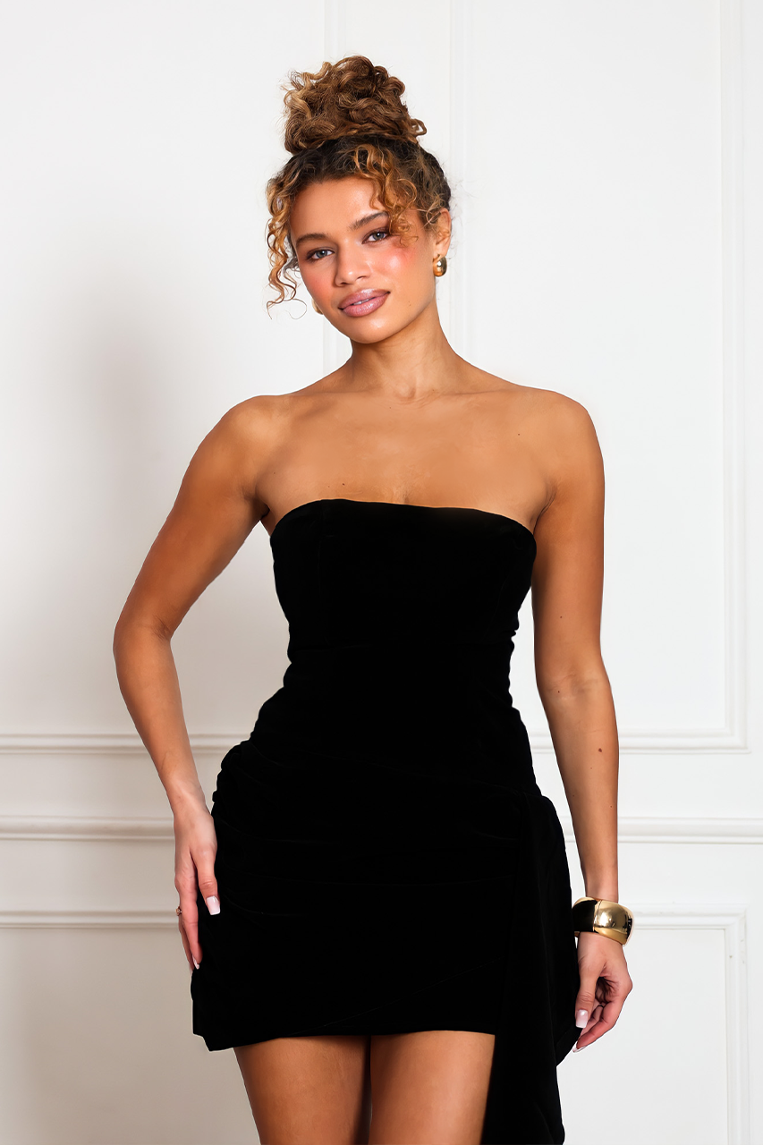 BLACK VELVET BANDEAU MINI DRESS