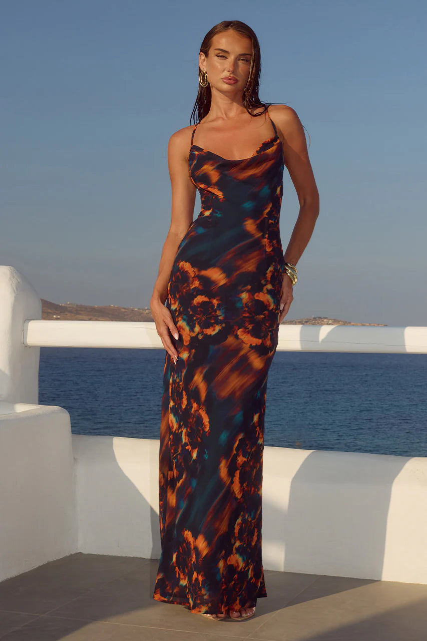 RUNAWAY THE LABEL BRIGETTE COWL CROSS BACK MAXI DRESS - VALINA ORANGE