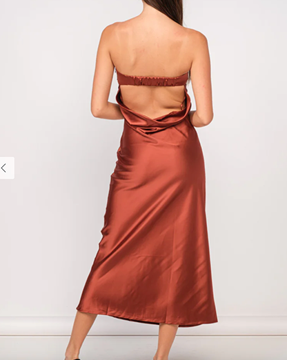 Rust Brown Bandeau Satine Backless Tube Maxi Dress