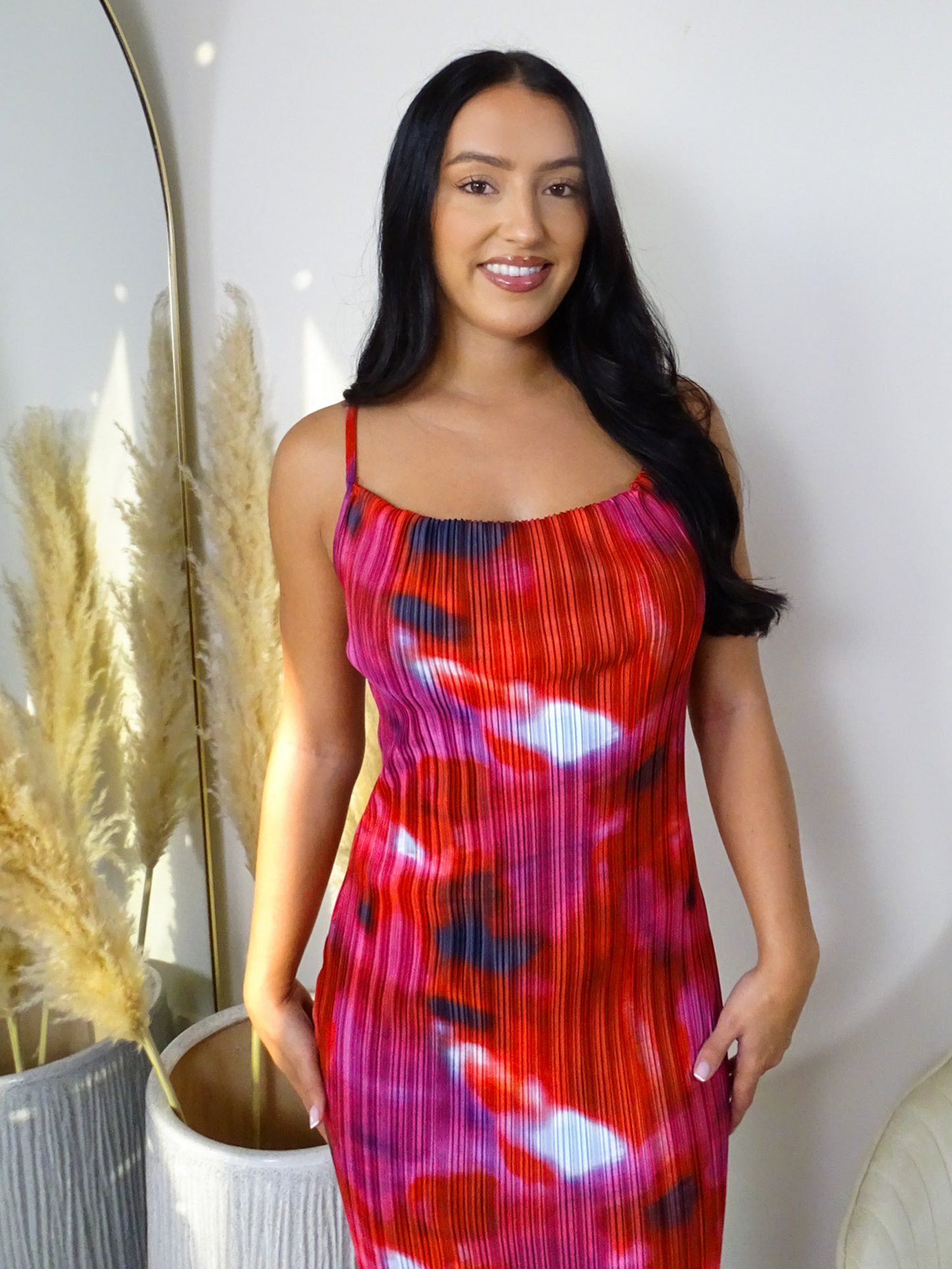 Rose Red Abstract Ribbed Maxi Dress