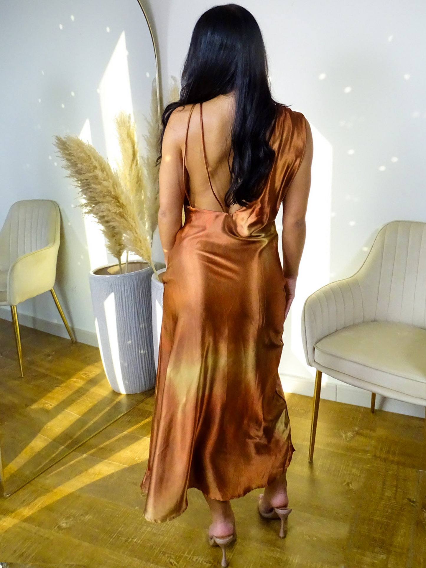 Brown Abstract Satin Plunge Maxi Dress