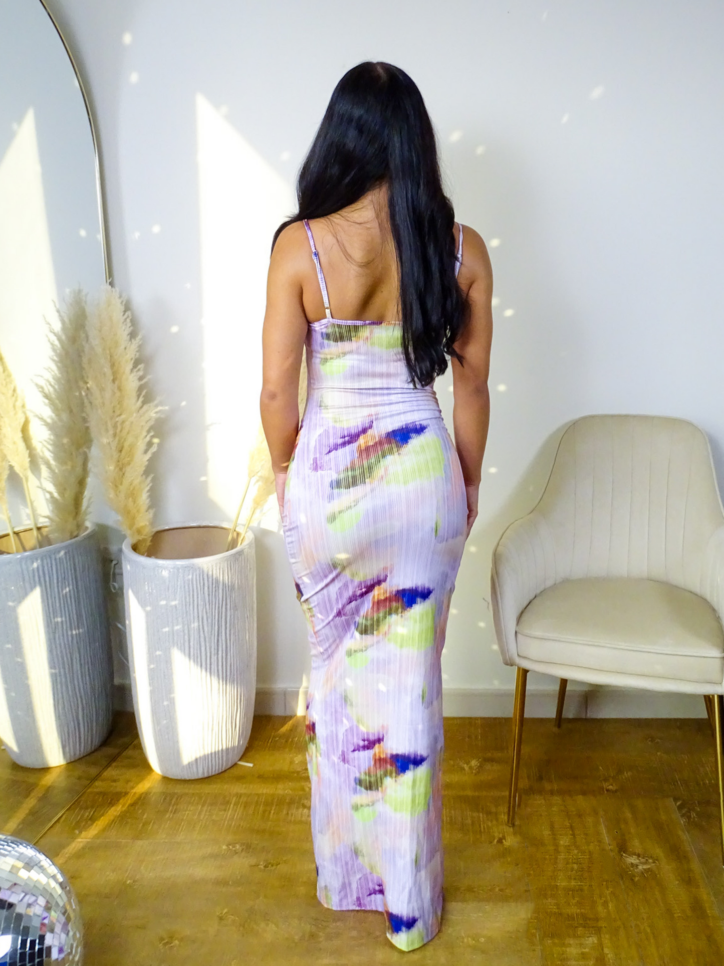 Lilac Purple abstract ribbed cowl Neck Maxi dress