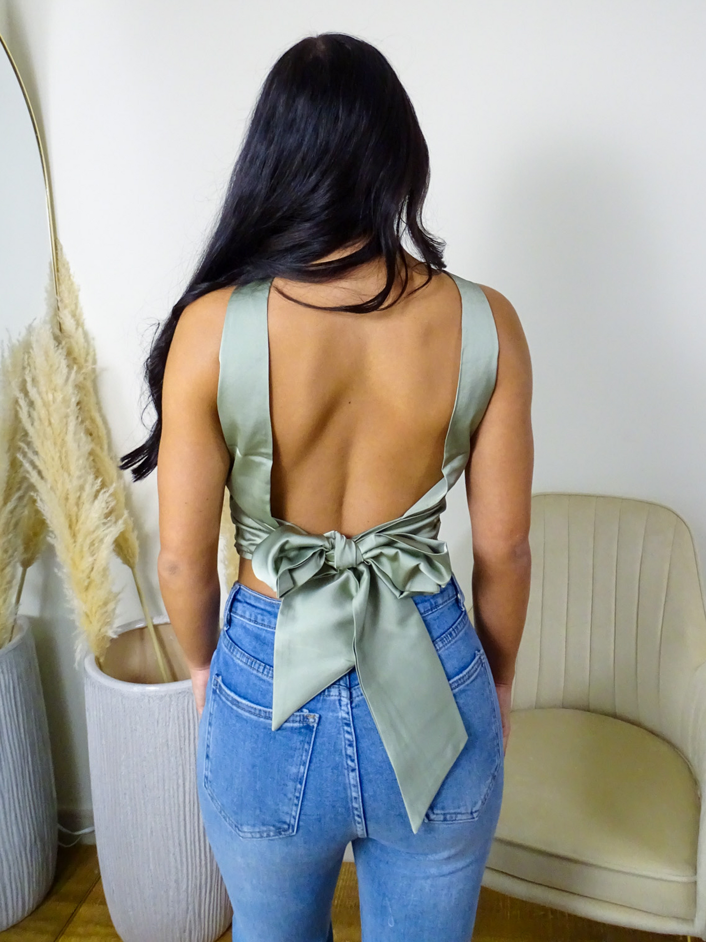 Mint Green Satin Open Tie Back Crop Top