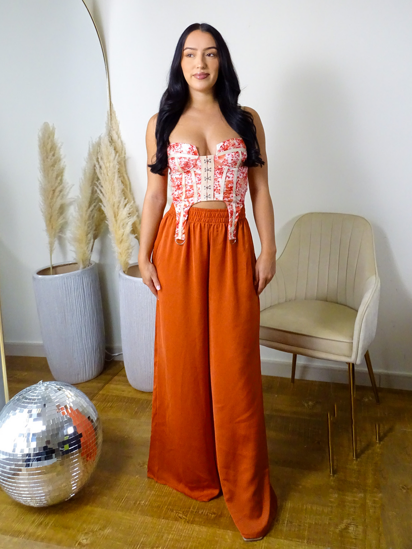 Burnt Orange Satin Flare Trousers