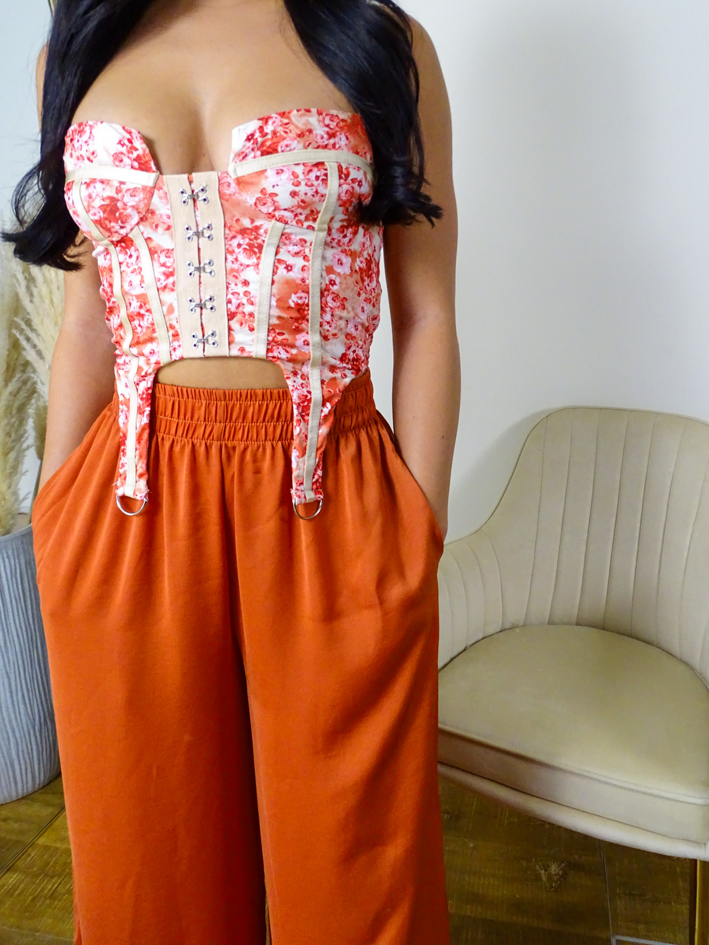 Red Floral Bustier Hook Eye Corset Top