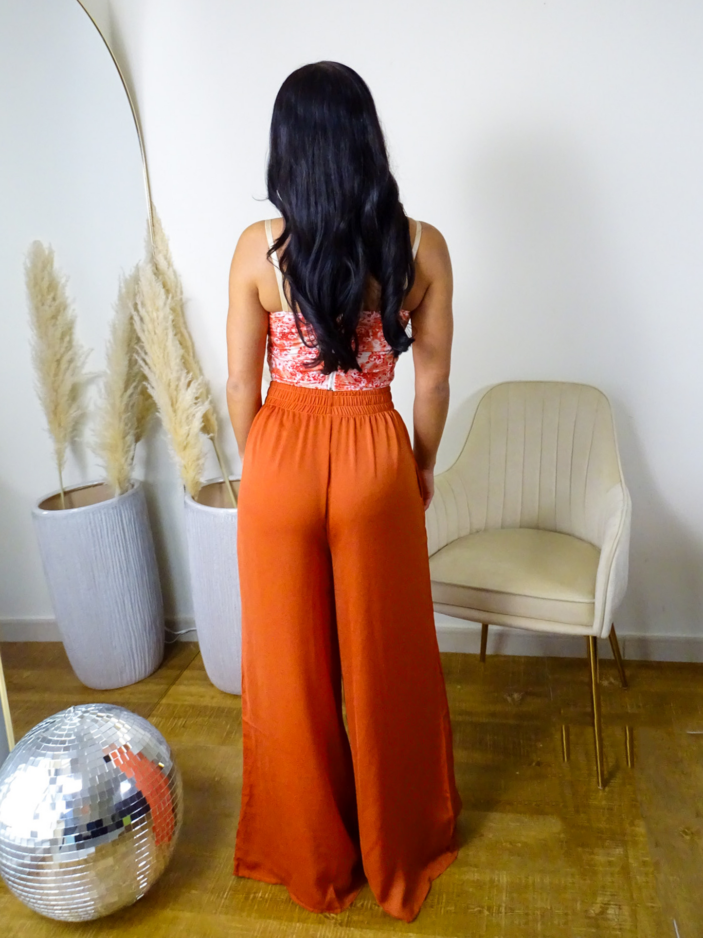 Burnt Orange Satin Flare Trousers