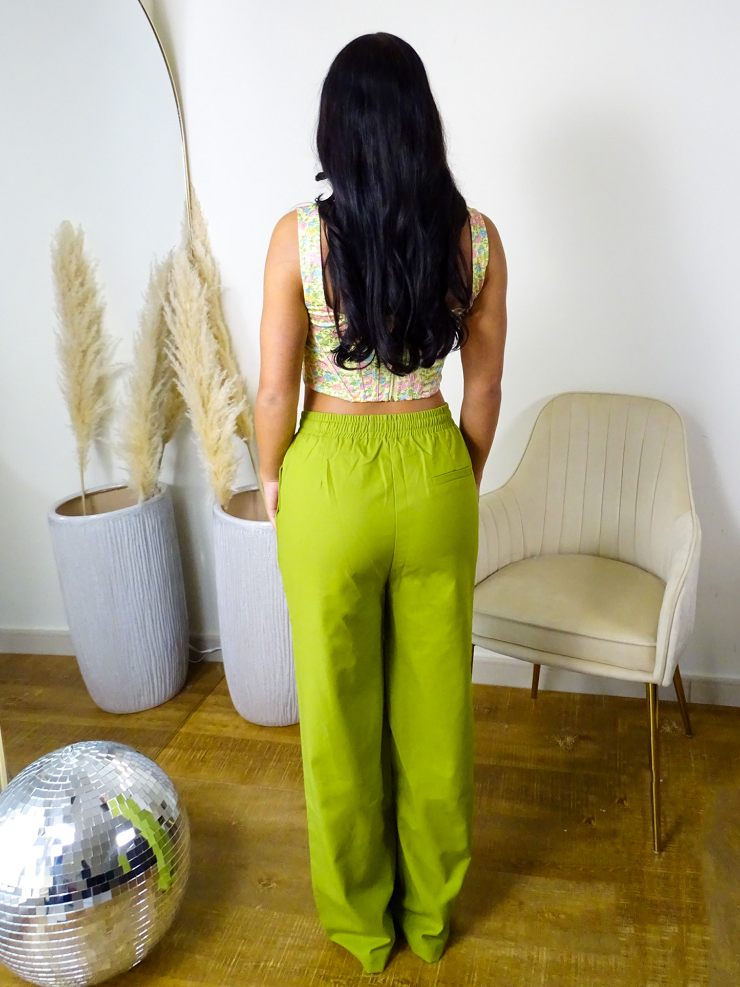 Green Linen Drawstring Low Rise Straight Leg Trousers