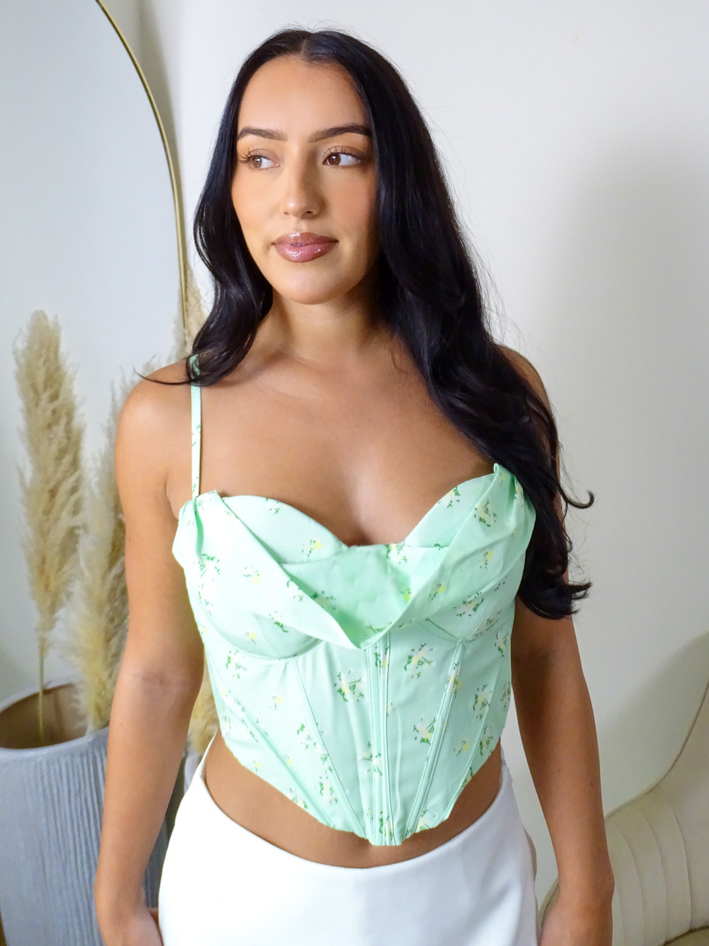 Green Floral Print Drape Corset Top