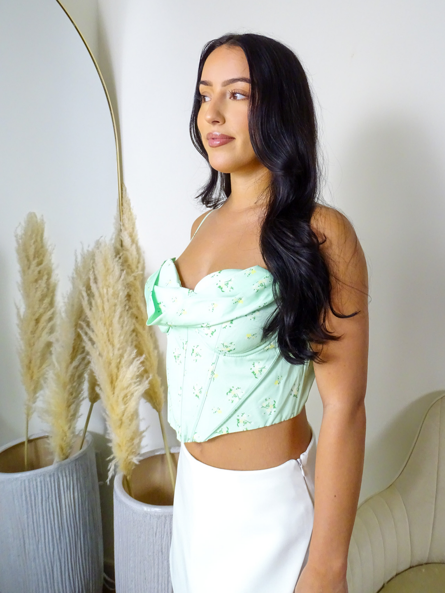 Green Floral Print Drape Corset Top