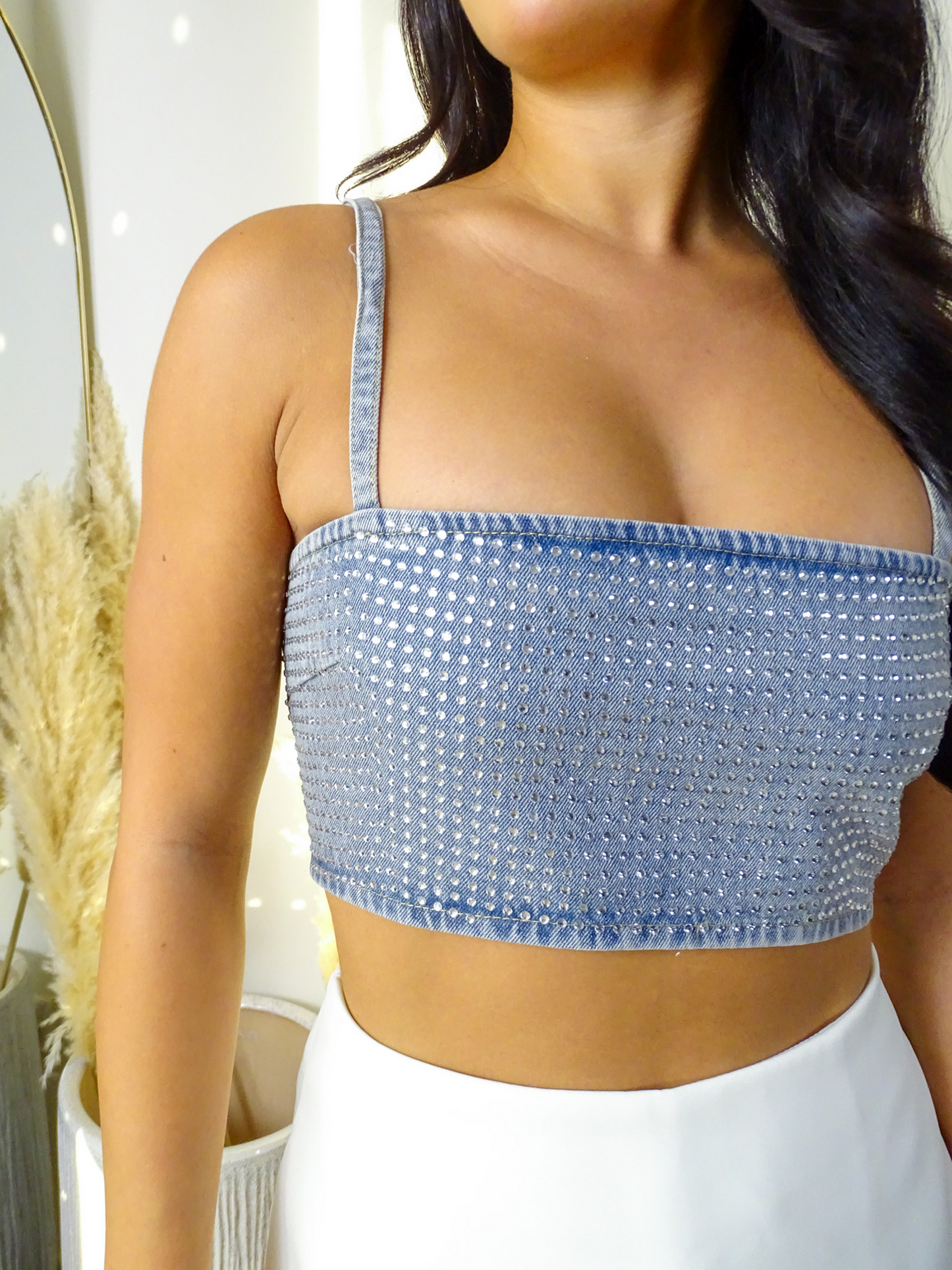 Rhinestone Embellished Denim Crop Top