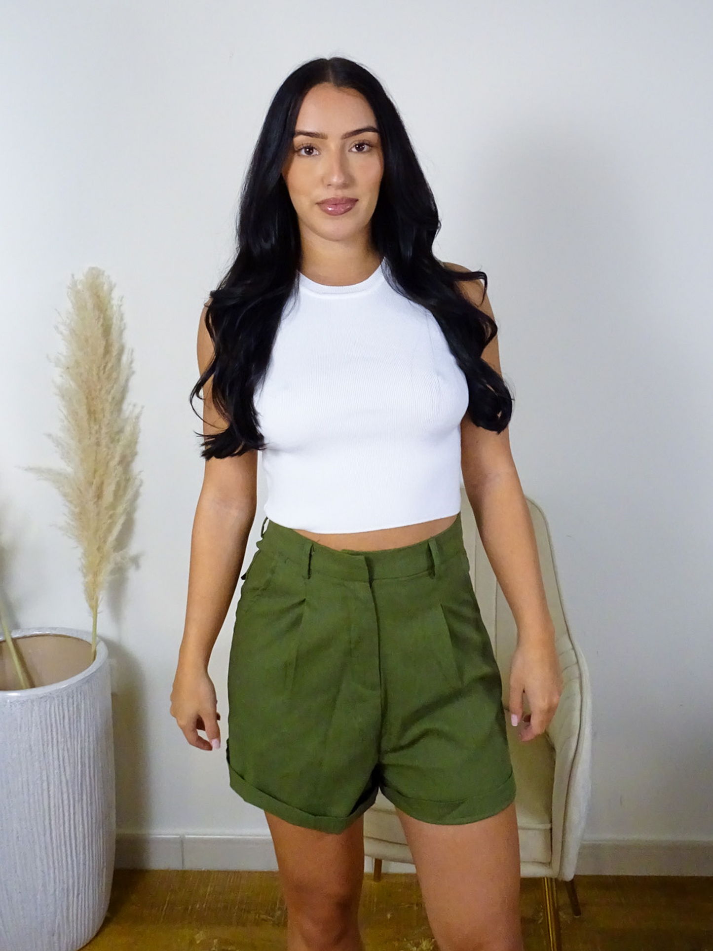 Army Green Linen Blend High Waisted Shorts