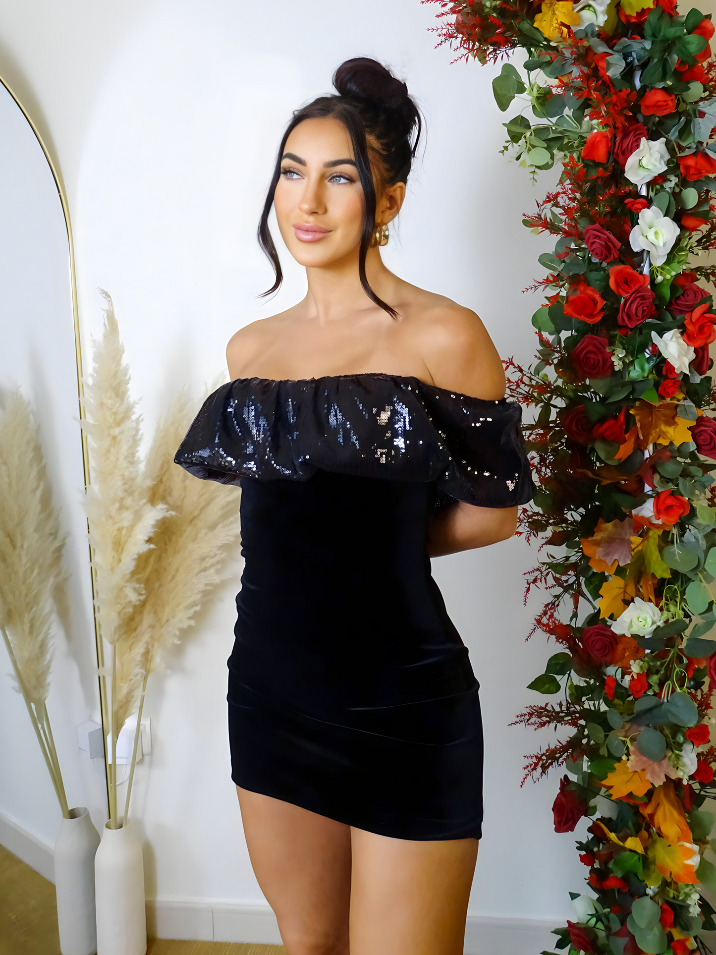 Black Velvet Sequin Ruched Off the Shoulder Mini Dress