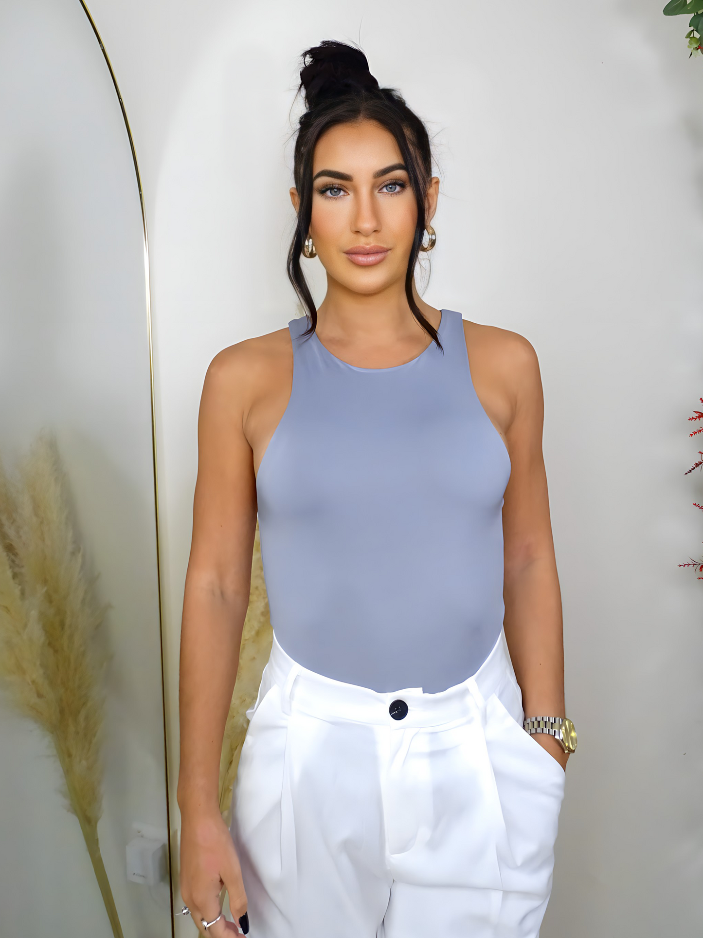 Ash Grey Solid Crew Neck Tank Bodysuit