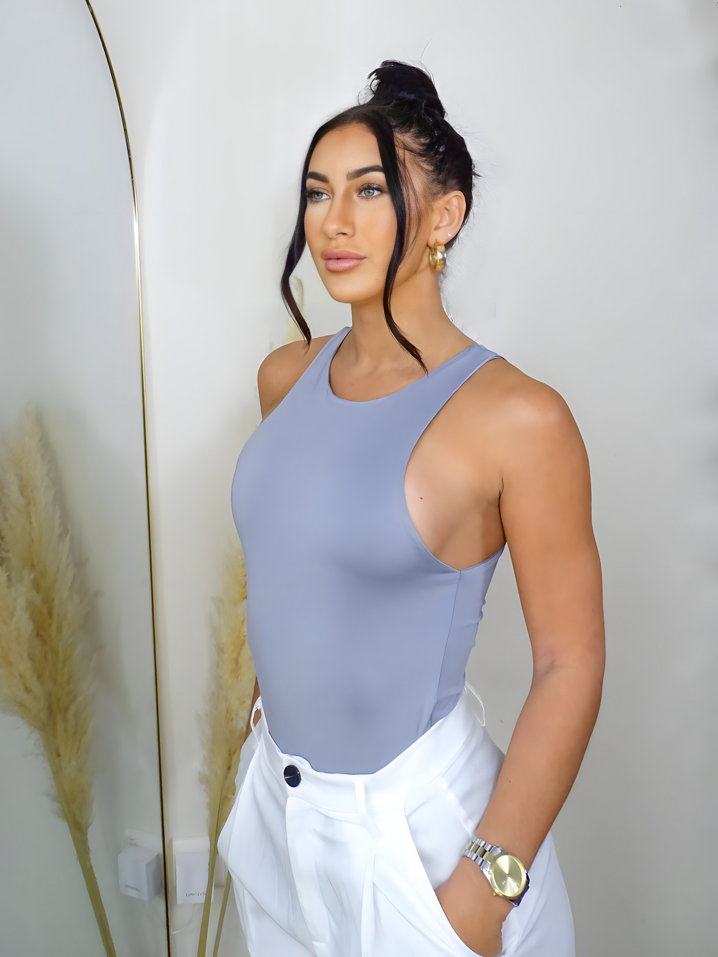 Ash Grey Solid Crew Neck Tank Bodysuit