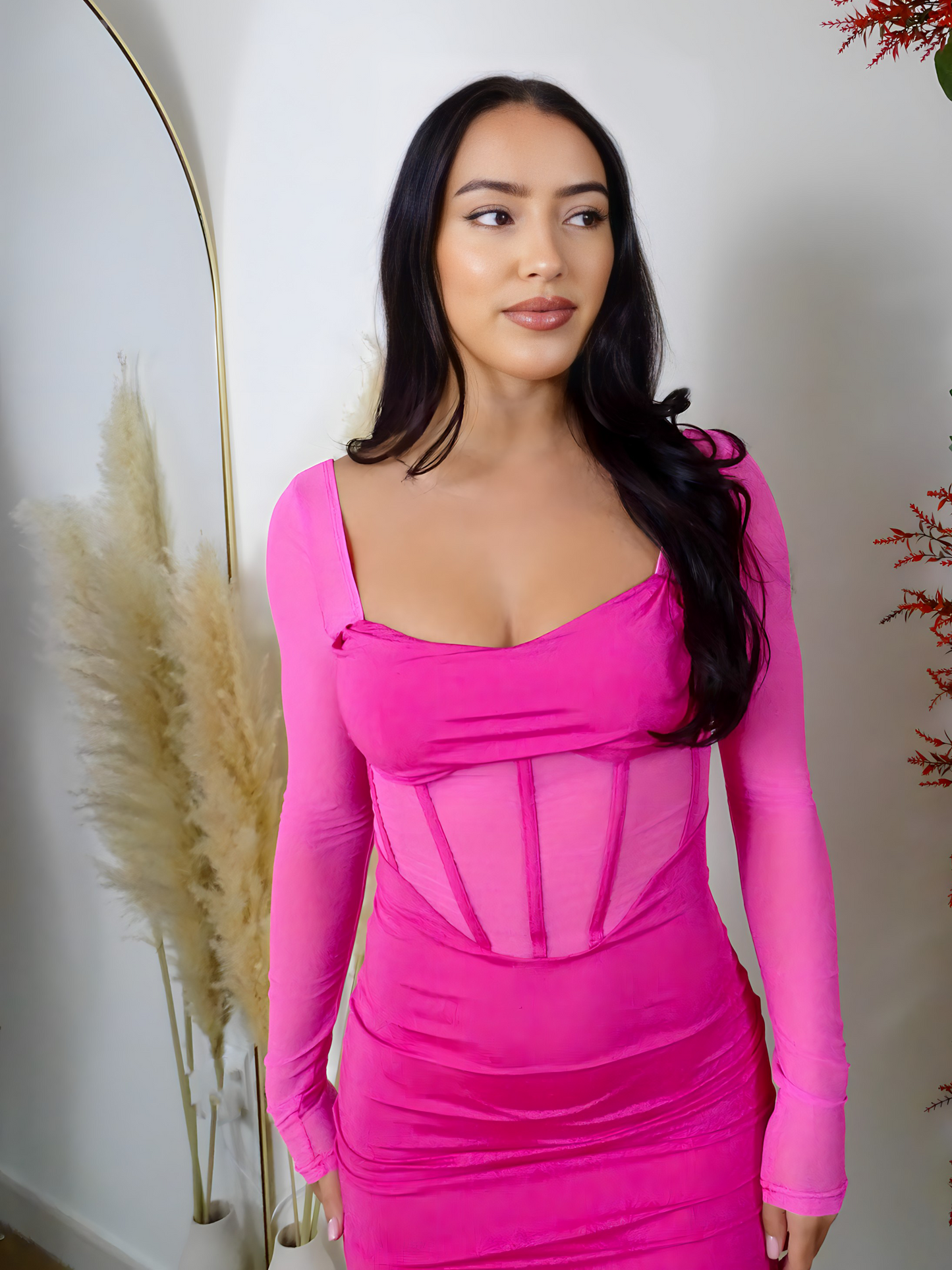 Hot Pink Mesh Corset Long Sleeve Bodycon Mini Dress