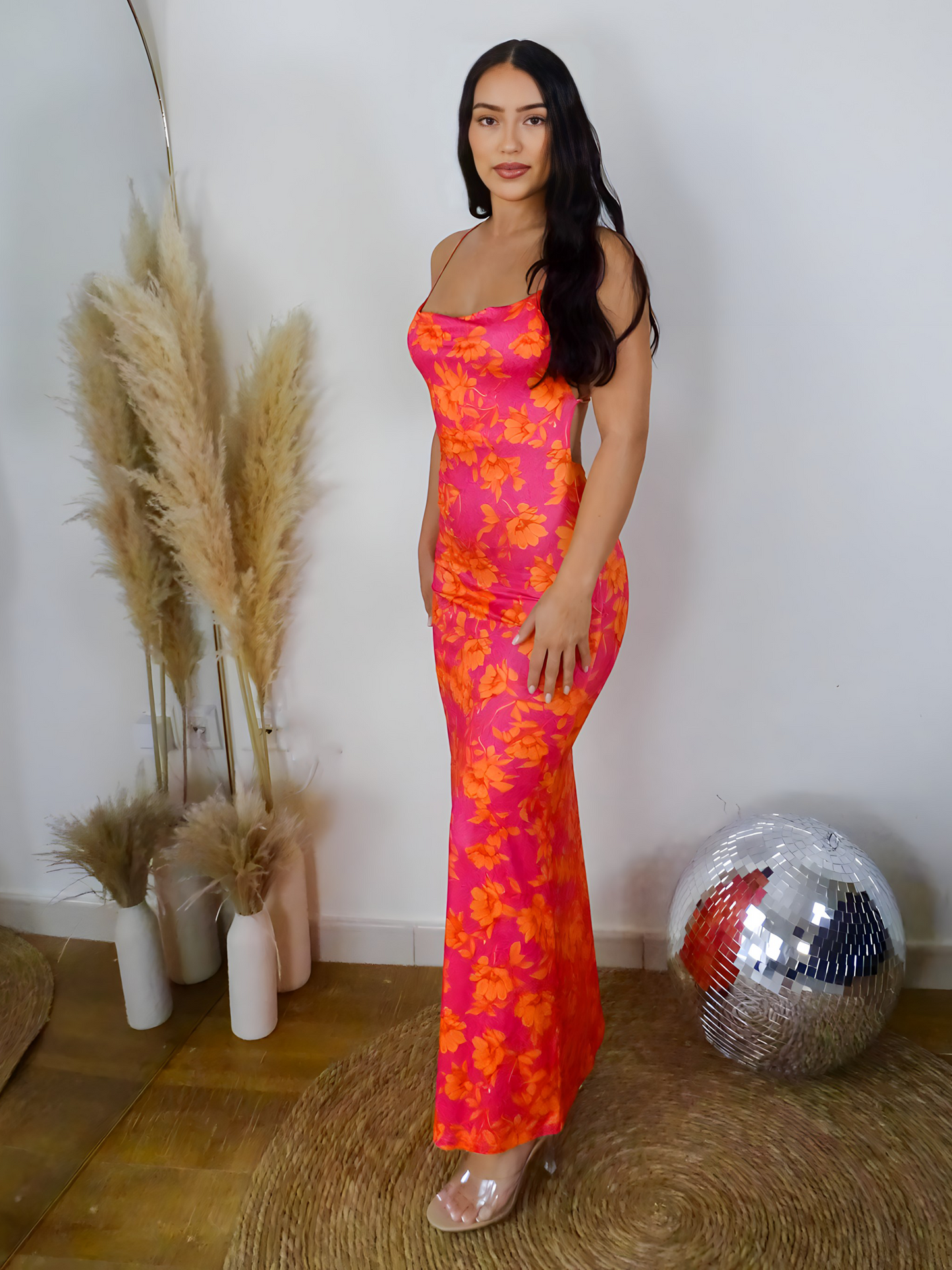 Orange Floral Bodycon Fish Tail Maxi Dress