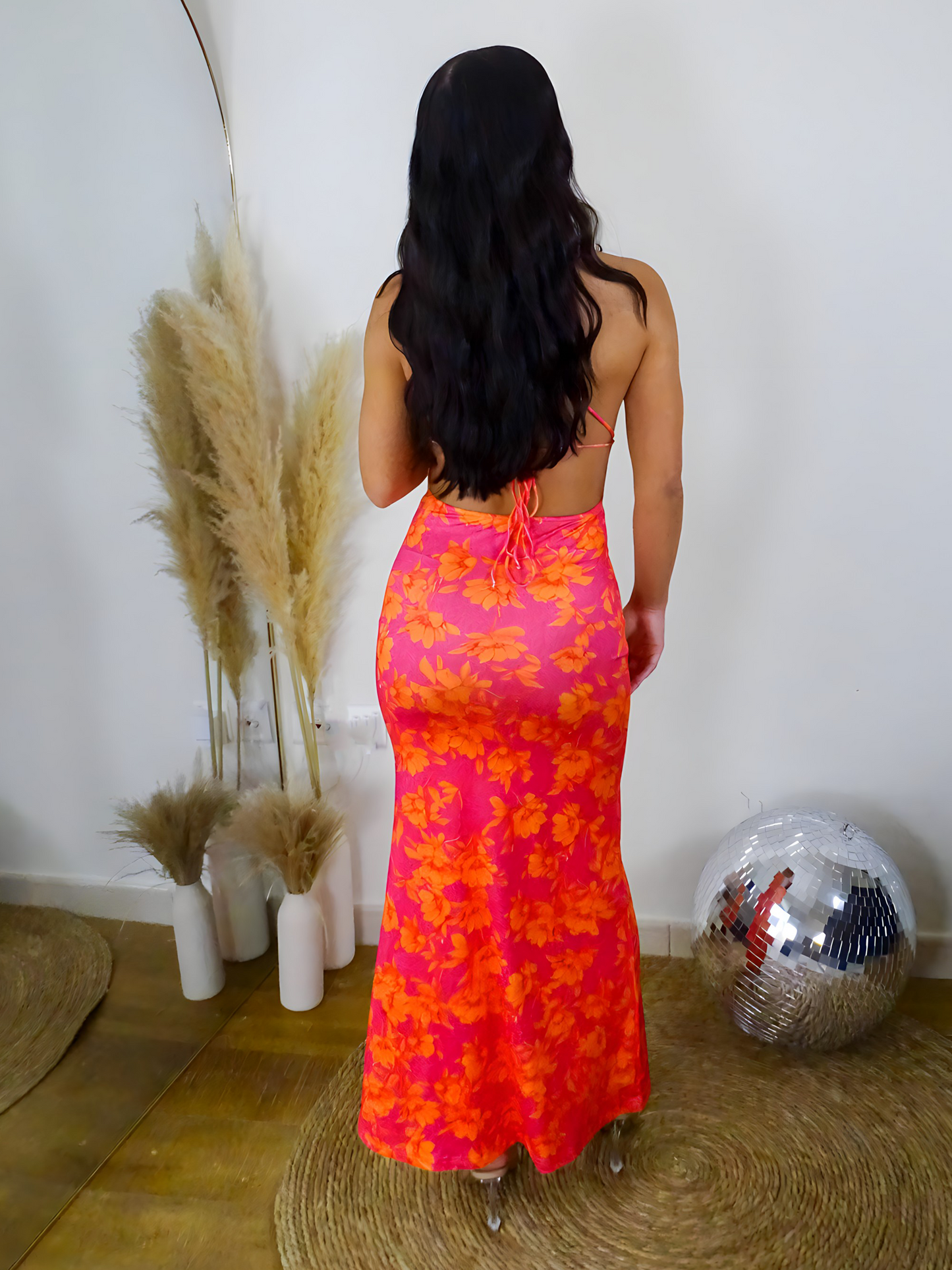 Orange Floral Bodycon Fish Tail Maxi Dress