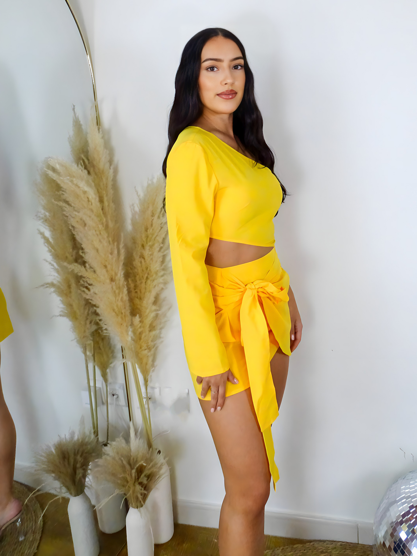 Yellow One Sleeve Wrap Front Cutout Mini Dress