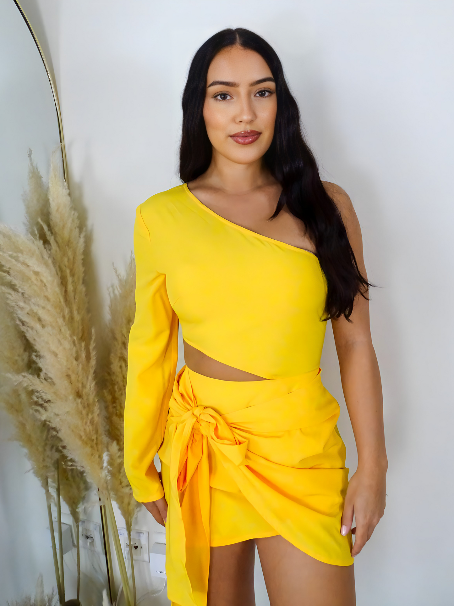 Yellow One Sleeve Wrap Front Cutout Mini Dress