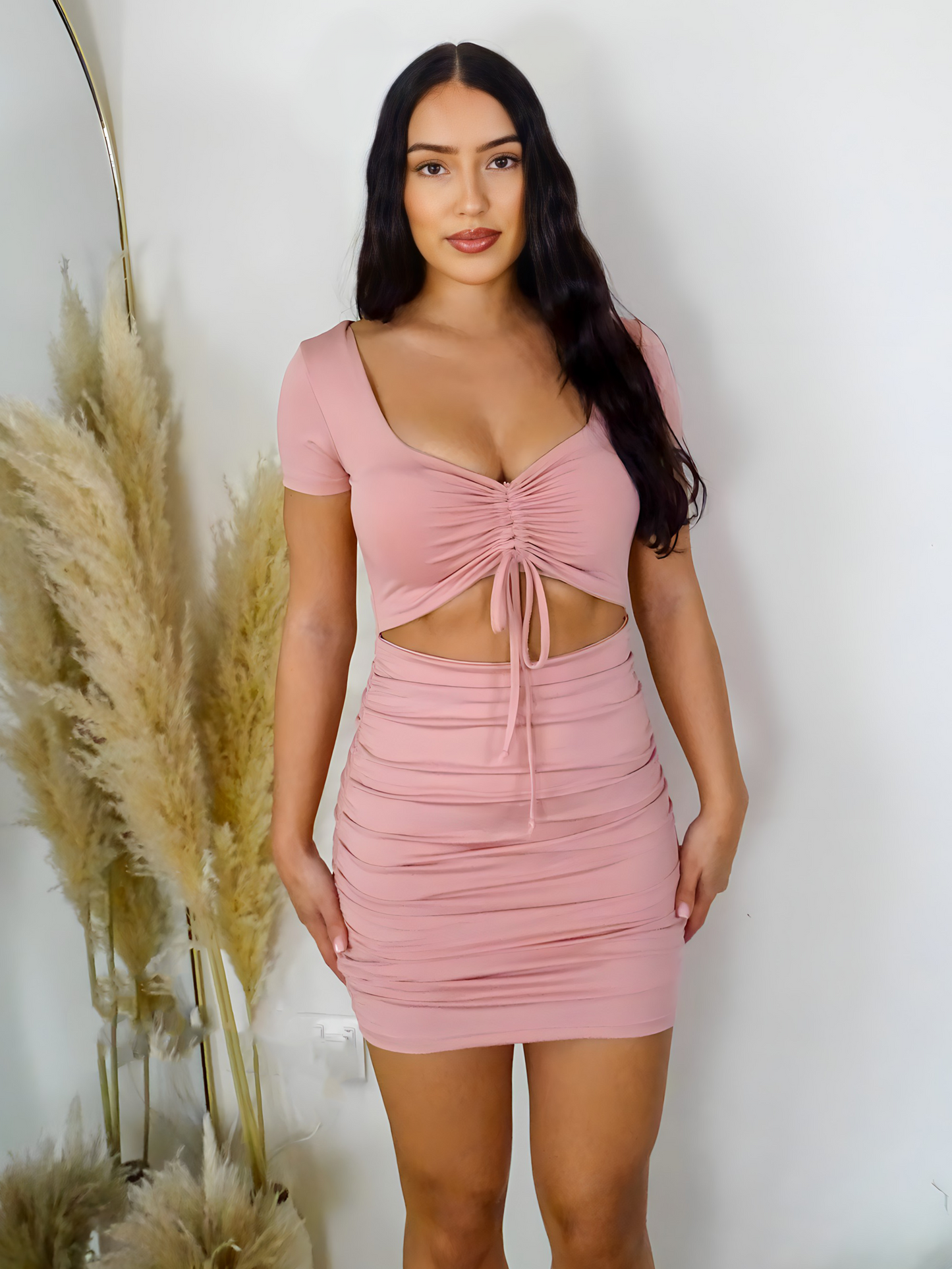 Baby Pink Short Sleeve Drawstring Cutout Bodycon Mini Dress