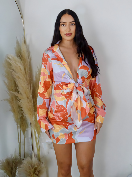 Orange Floral Shirt Tie Front Mini Dress