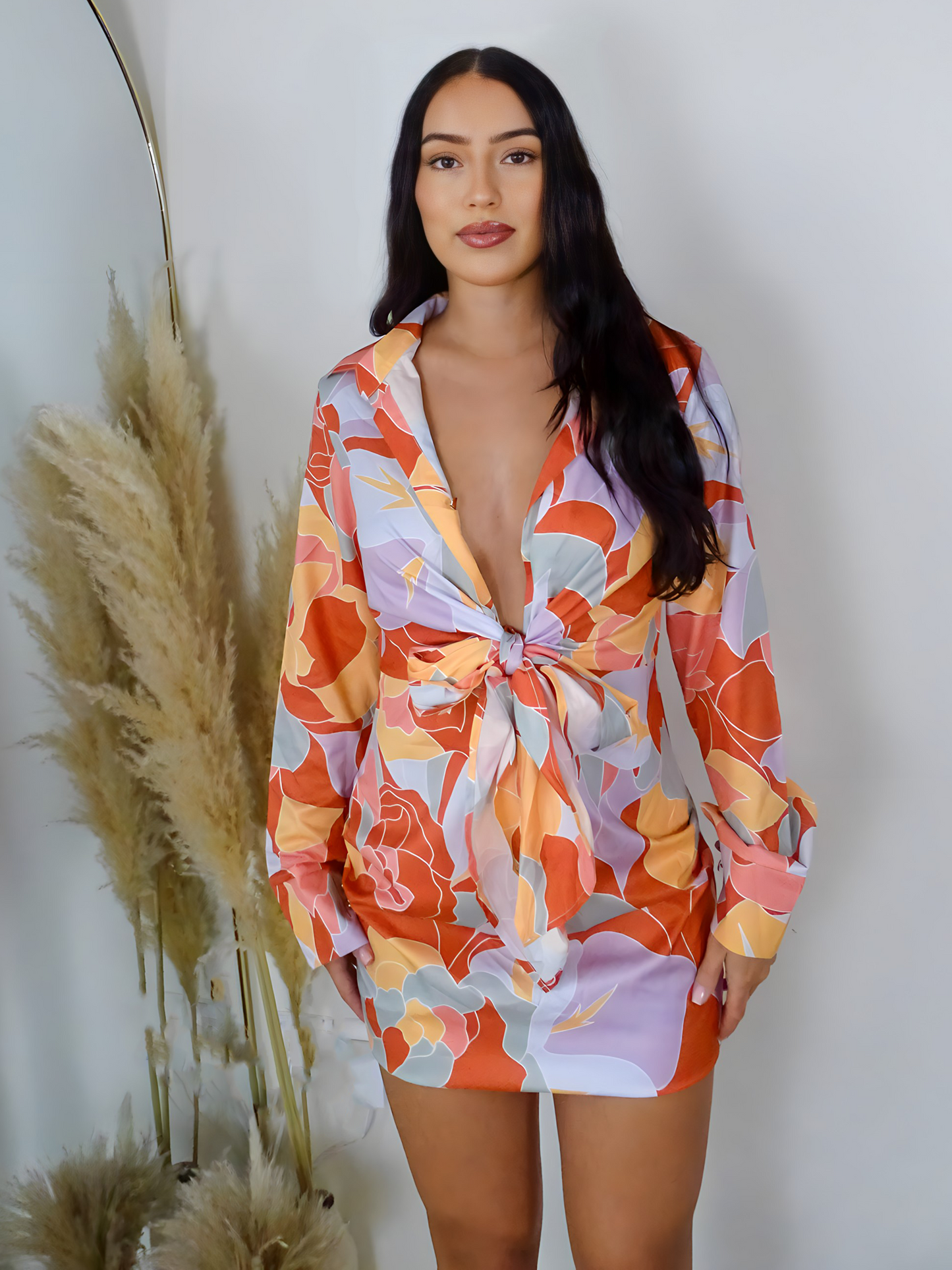 Orange Floral Shirt Tie Front Mini Dress