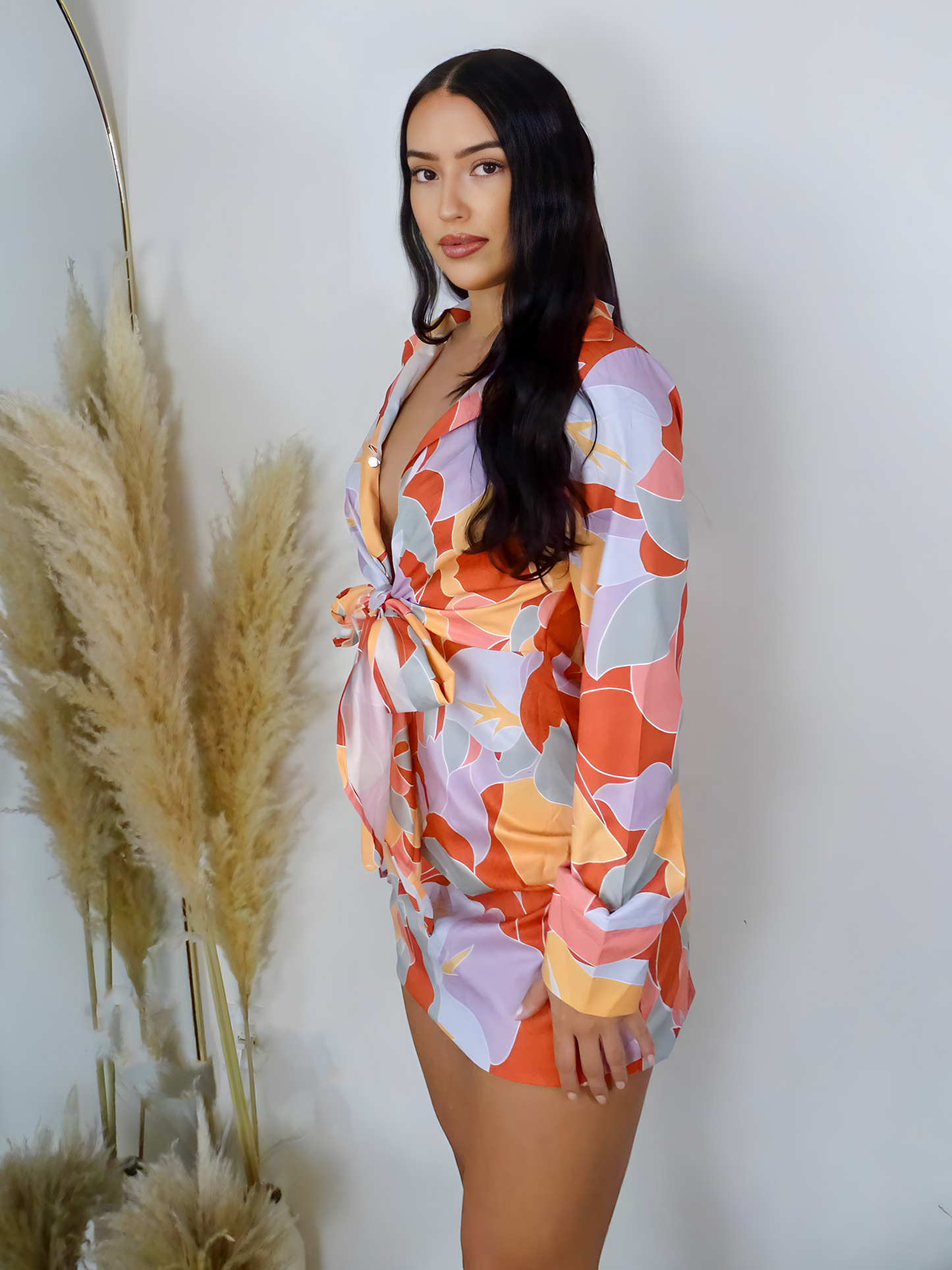 Orange Floral Shirt Tie Front Mini Dress