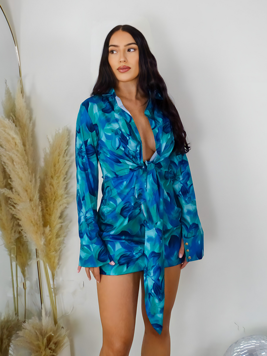 Green Floral Shirt Tie Front Mini Dress