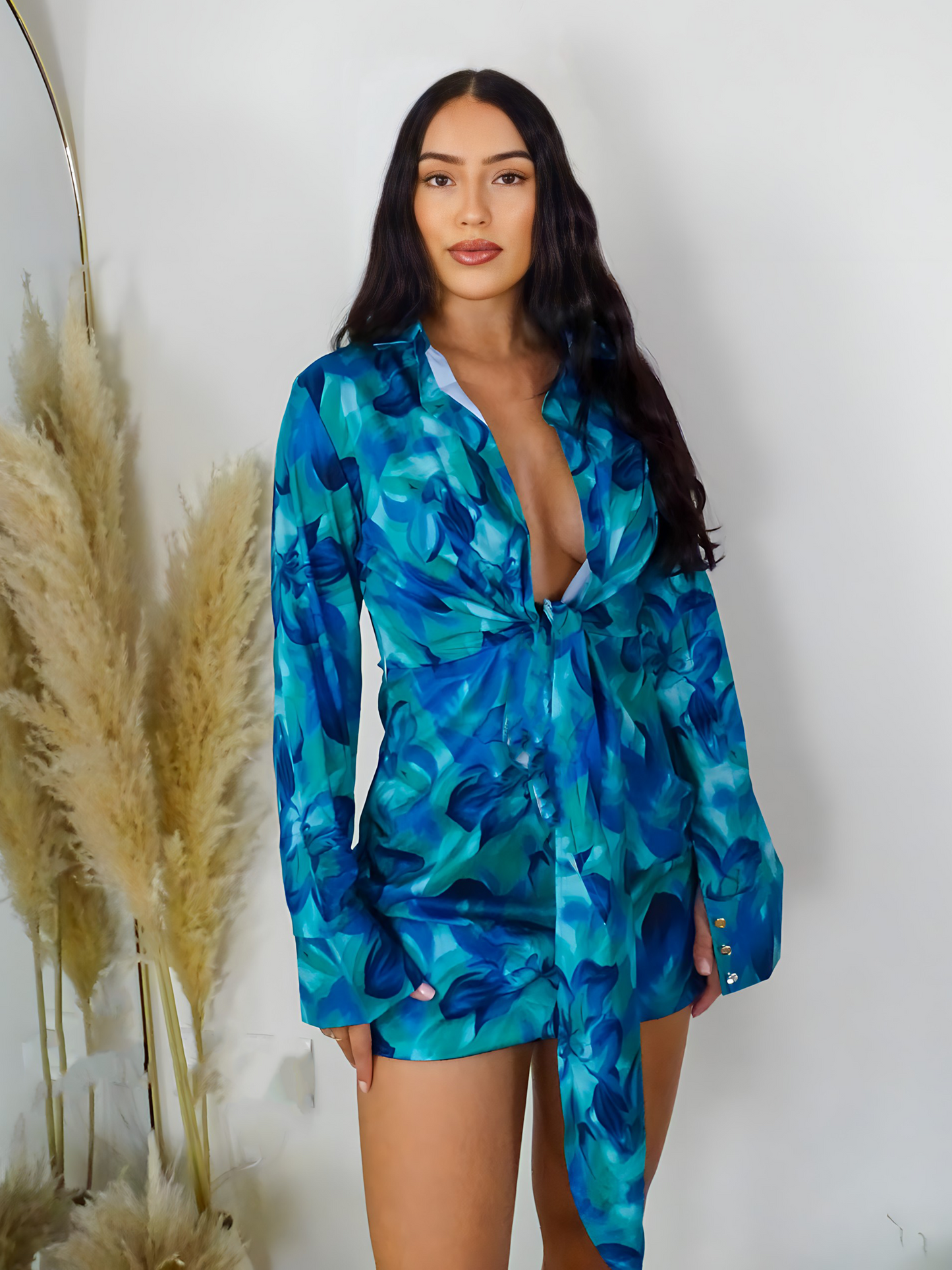 Green Floral Shirt Tie Front Mini Dress