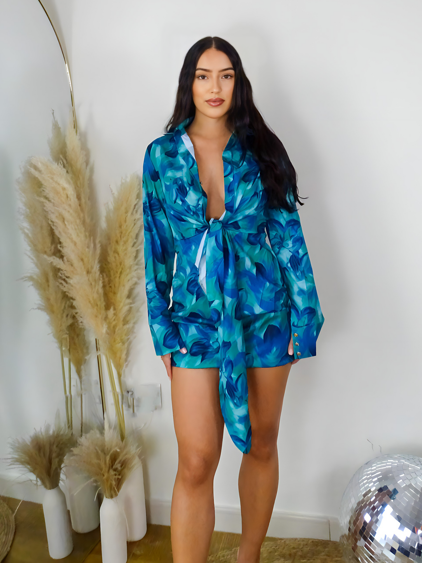 Green Floral Shirt Tie Front Mini Dress