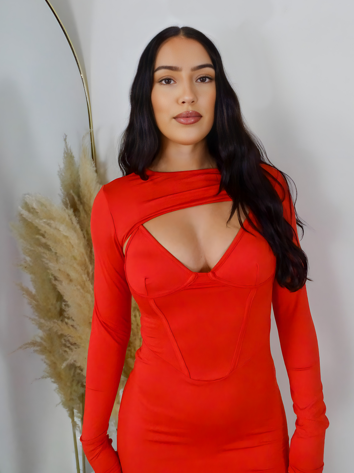 Red Corset Cut Out Front Long Sleeve Midi Dress