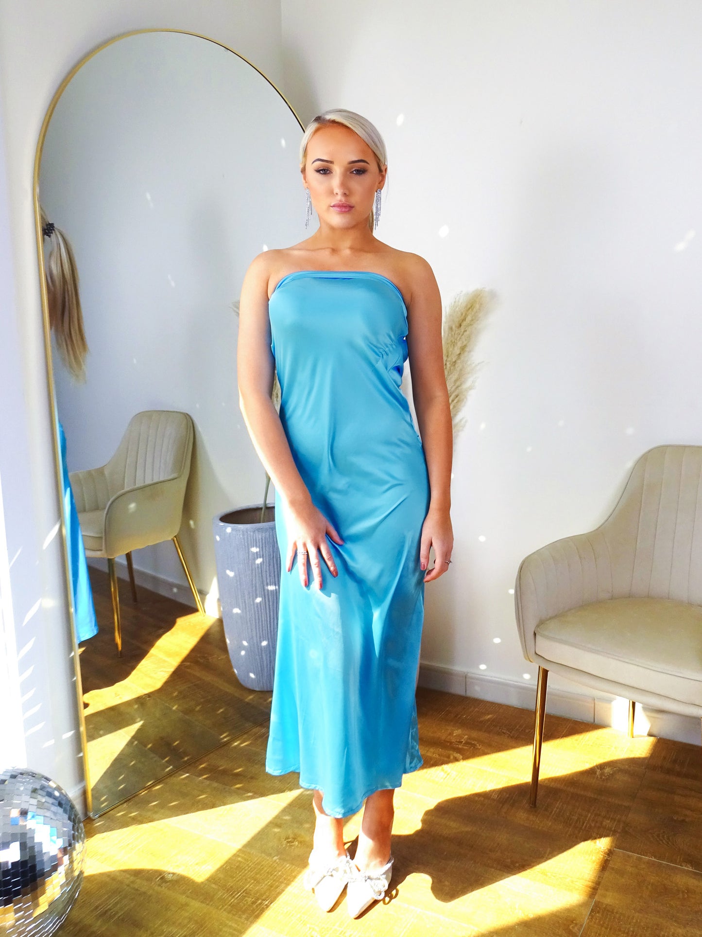 Turquoise Blue Satin Banded Fish Tail Maxi Dress