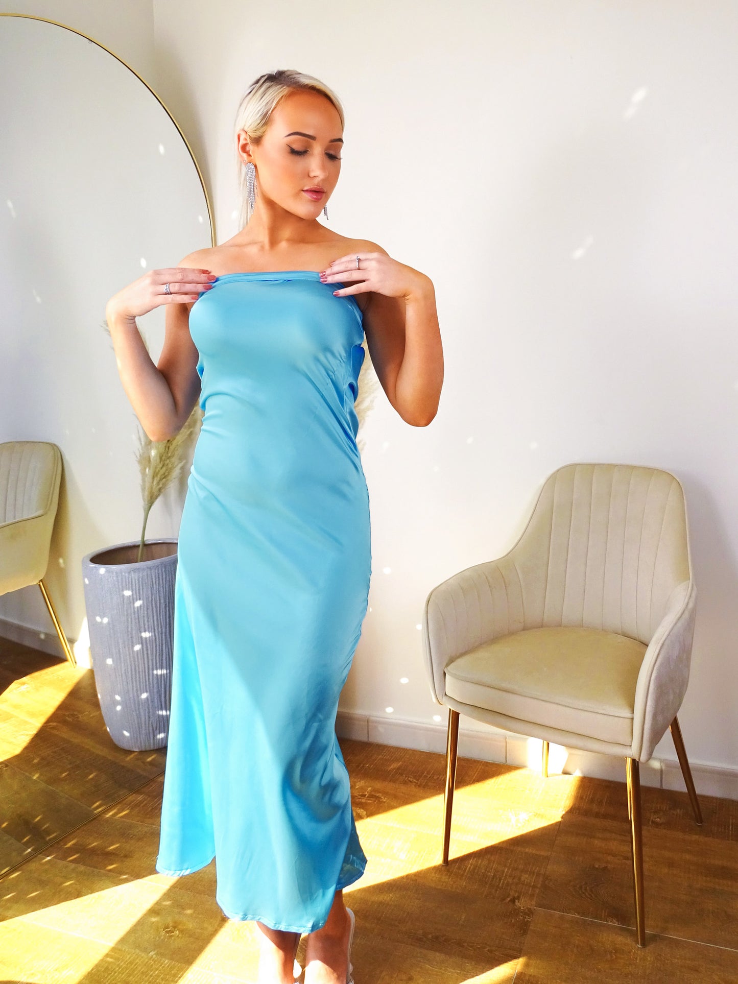 Turquoise Blue Satin Banded Fish Tail Maxi Dress