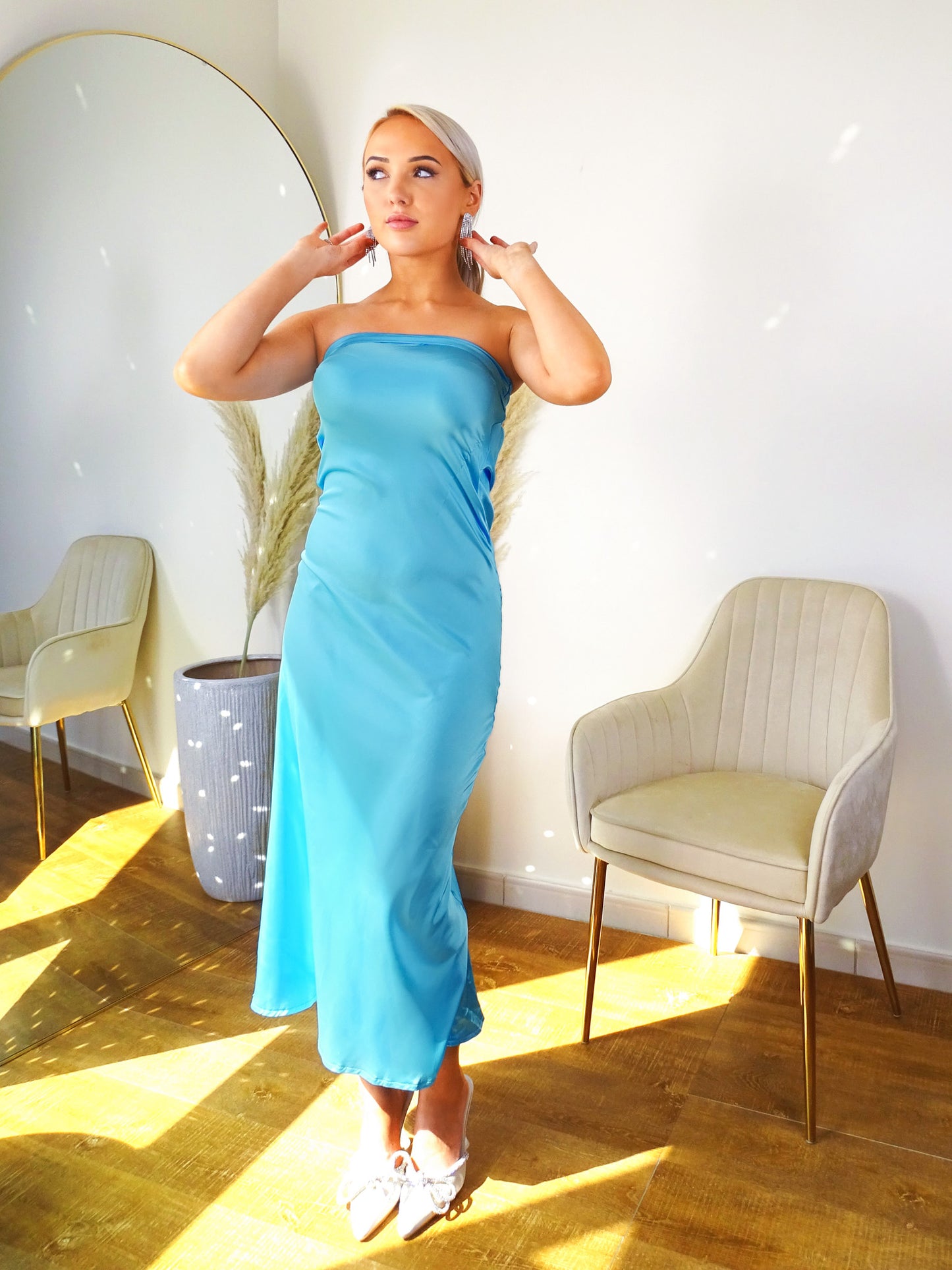 Turquoise Blue Satin Banded Fish Tail Maxi Dress